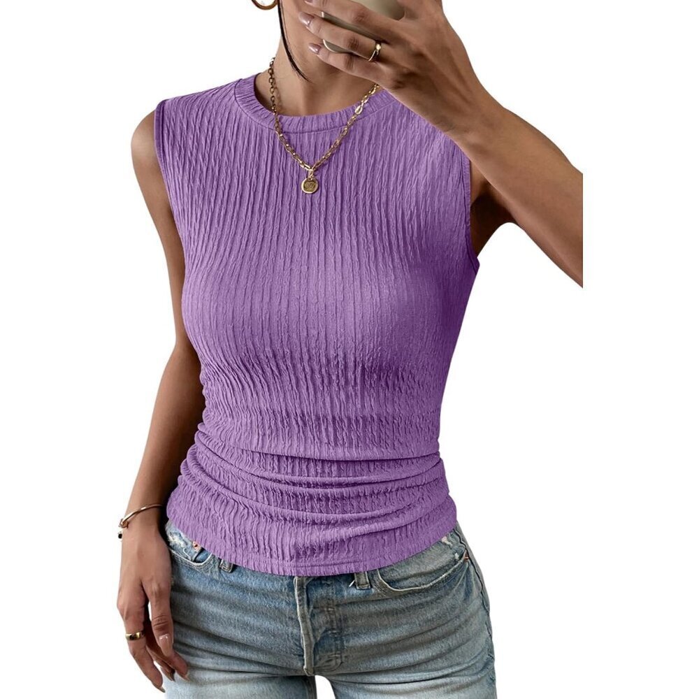 🆕 Women Purple High Neck Tank Top Summer Casual Ribbed Knit Slim Fitted Shirts